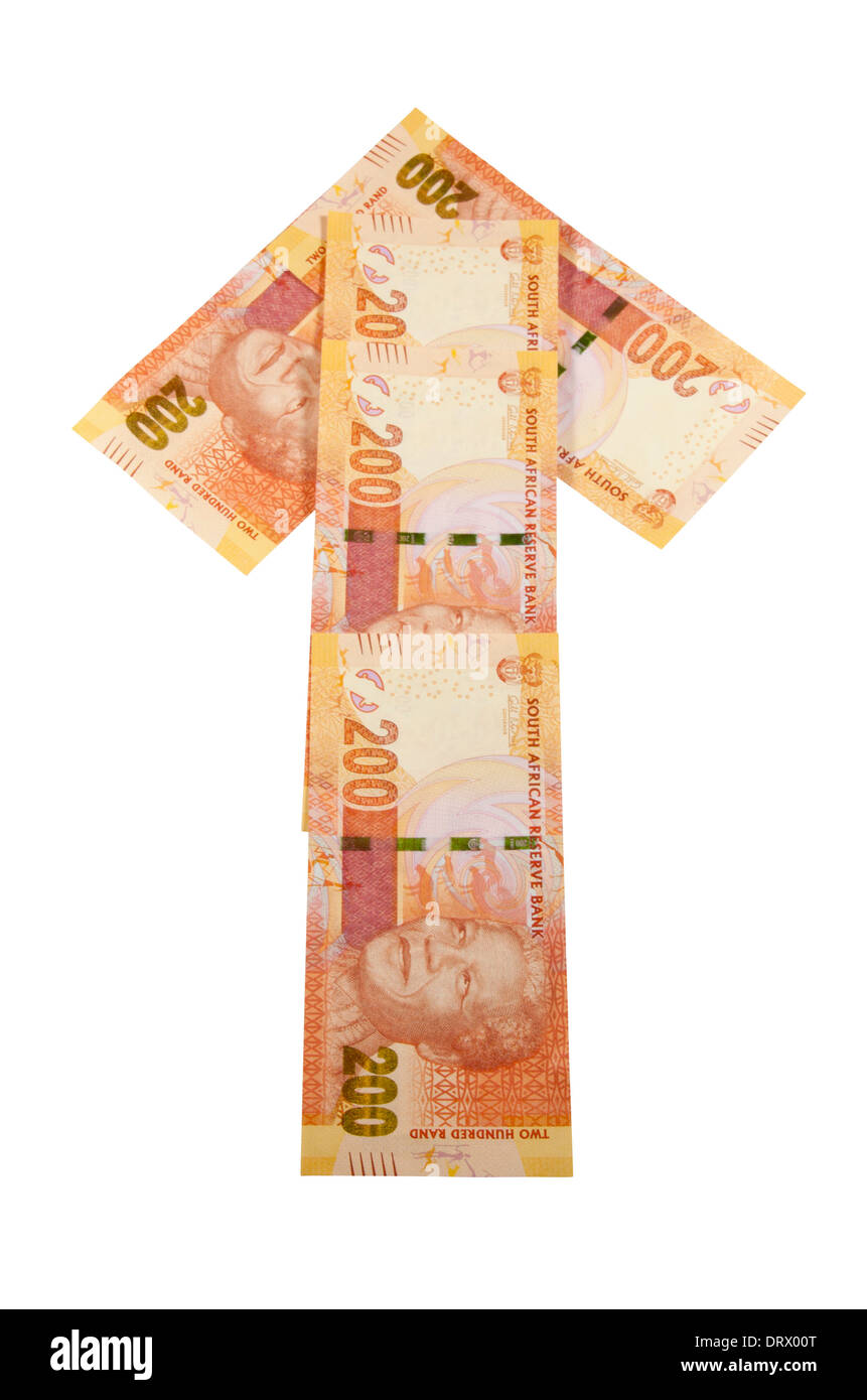 Concetto freccia di banconote che mostra South African Rand apprezzando Foto Stock