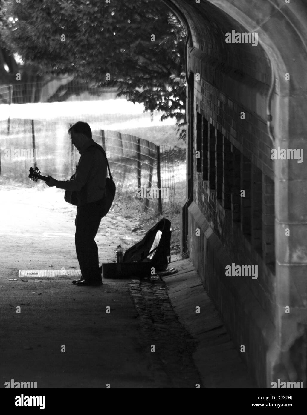 Silhouette di un uomo suonare la chitarra sotto un ponte nel Central Park di New York. Foto Stock