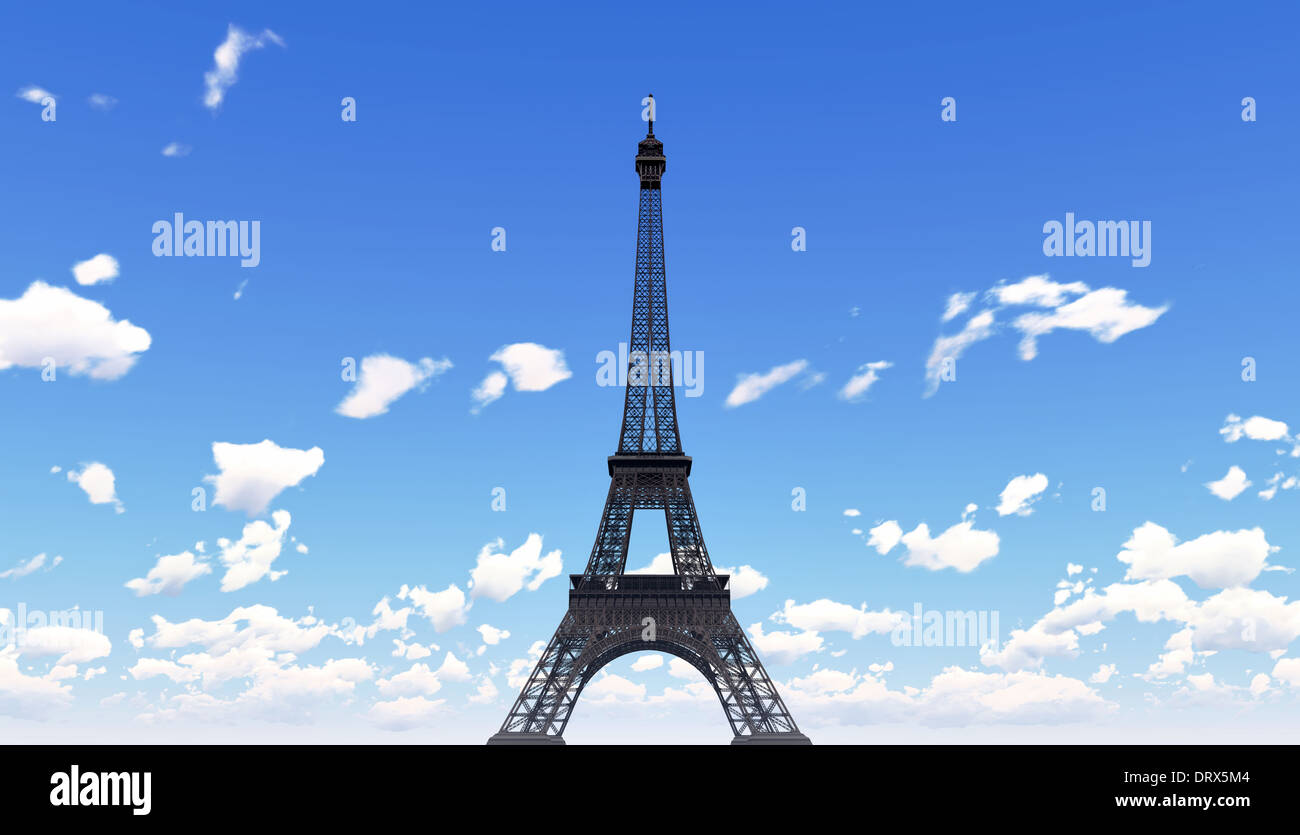 La Torre Eiffel mostrato contro il nuvoloso cielo blu senza edifici intorno. Foto Stock