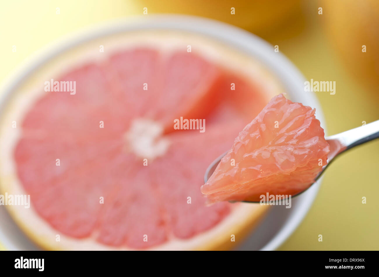 Pezzo di pompelmo sul cucchiaio in primo piano, al di fuori della messa a fuoco di pompelmo in mezza tazza bianca in background. Foto Stock