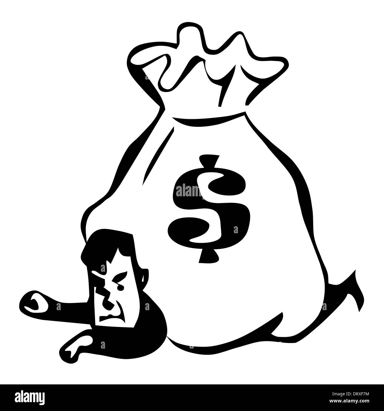 Illustrazione di un uomo disteso sotto una grande borsa piena di denaro. Foto Stock