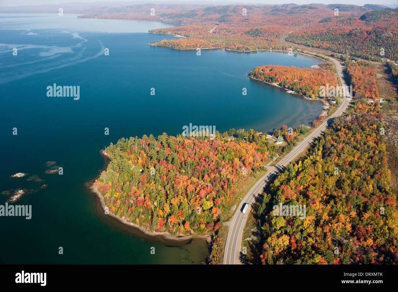 Fotografia aerea della superficie boschiva in Ontario del nord in autunno. Foto Stock