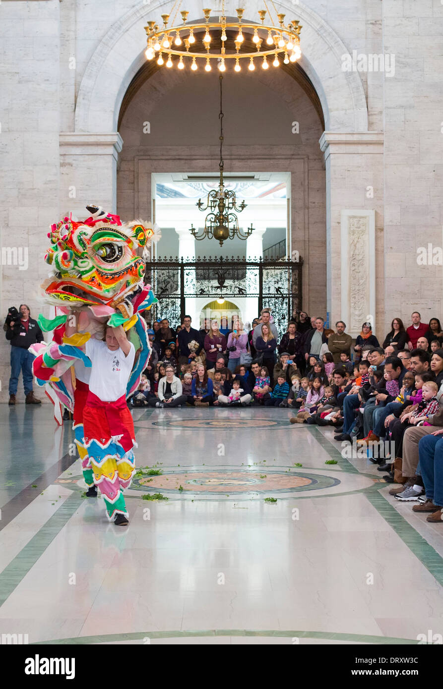 Lo stile del sud la danza del Leone per il Capodanno cinese al Detroit Institute of Arts Foto Stock