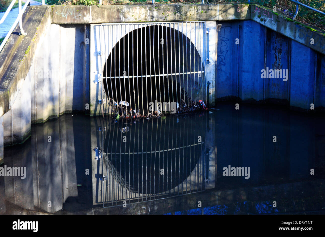 Una tempesta di scarico acqua dal fiume Wensum in Norwich, Norfolk, Inghilterra, Regno Unito. Foto Stock