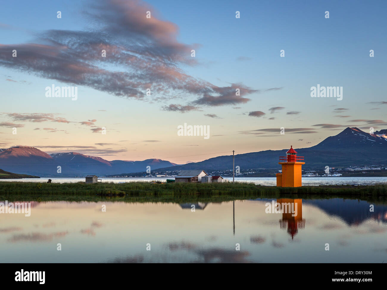 Piccolo faro in Eyjafjordur, Akureyri, Islanda Foto Stock