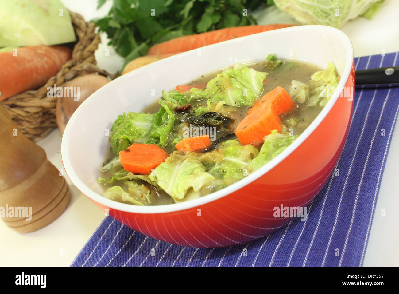 Un rosso ciotola con cavolo verza stufato di carne Foto Stock