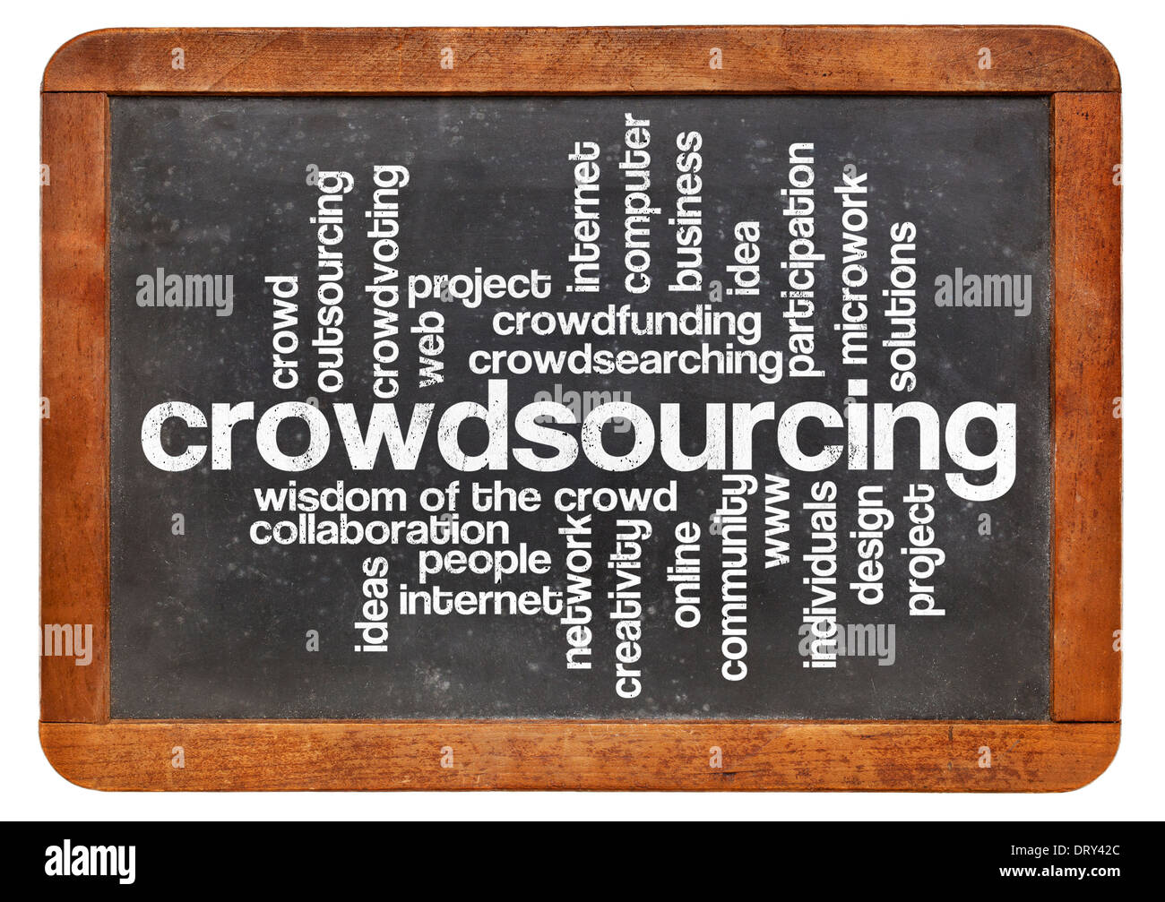 Crowdsourcing word cloud su un vintage lavagna ardesia isolato su bianco Foto Stock
