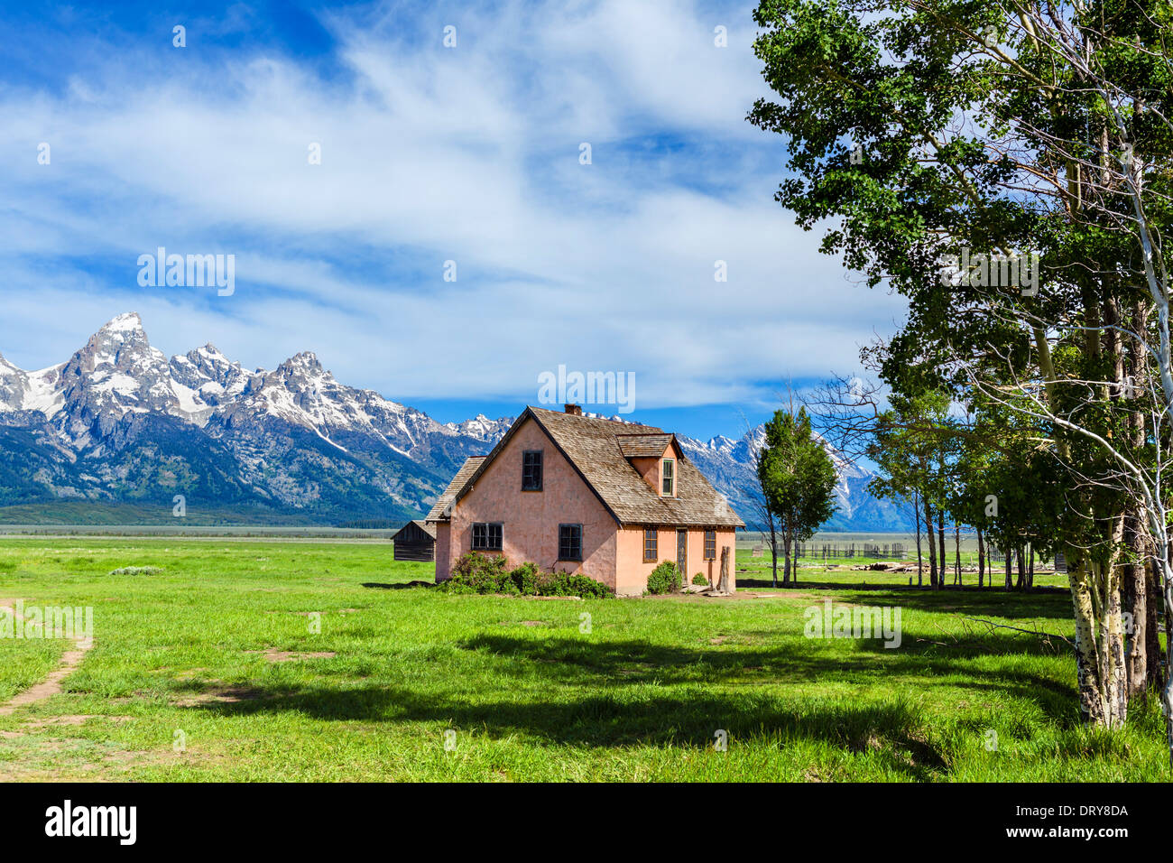 La vecchia casa colonica sulla storica mormone fila, Grand Teton National Park, Jackson Hole valley, Wyoming USA Foto Stock