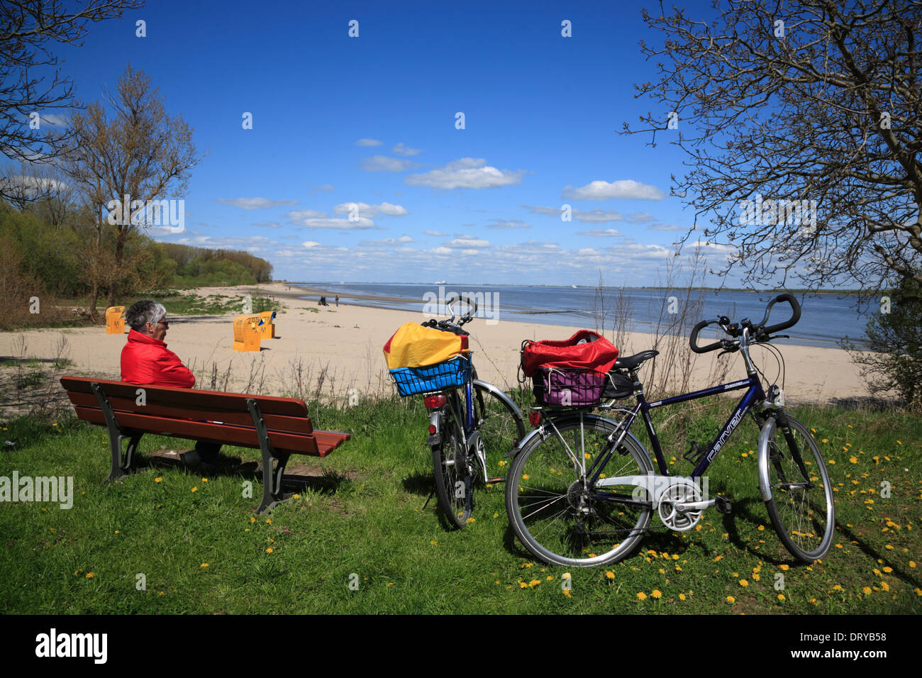 Fiume Elba ciclabile, arresto ciclo a Krautsand island beach, Bassa Sassonia, Germania, Europa Foto Stock