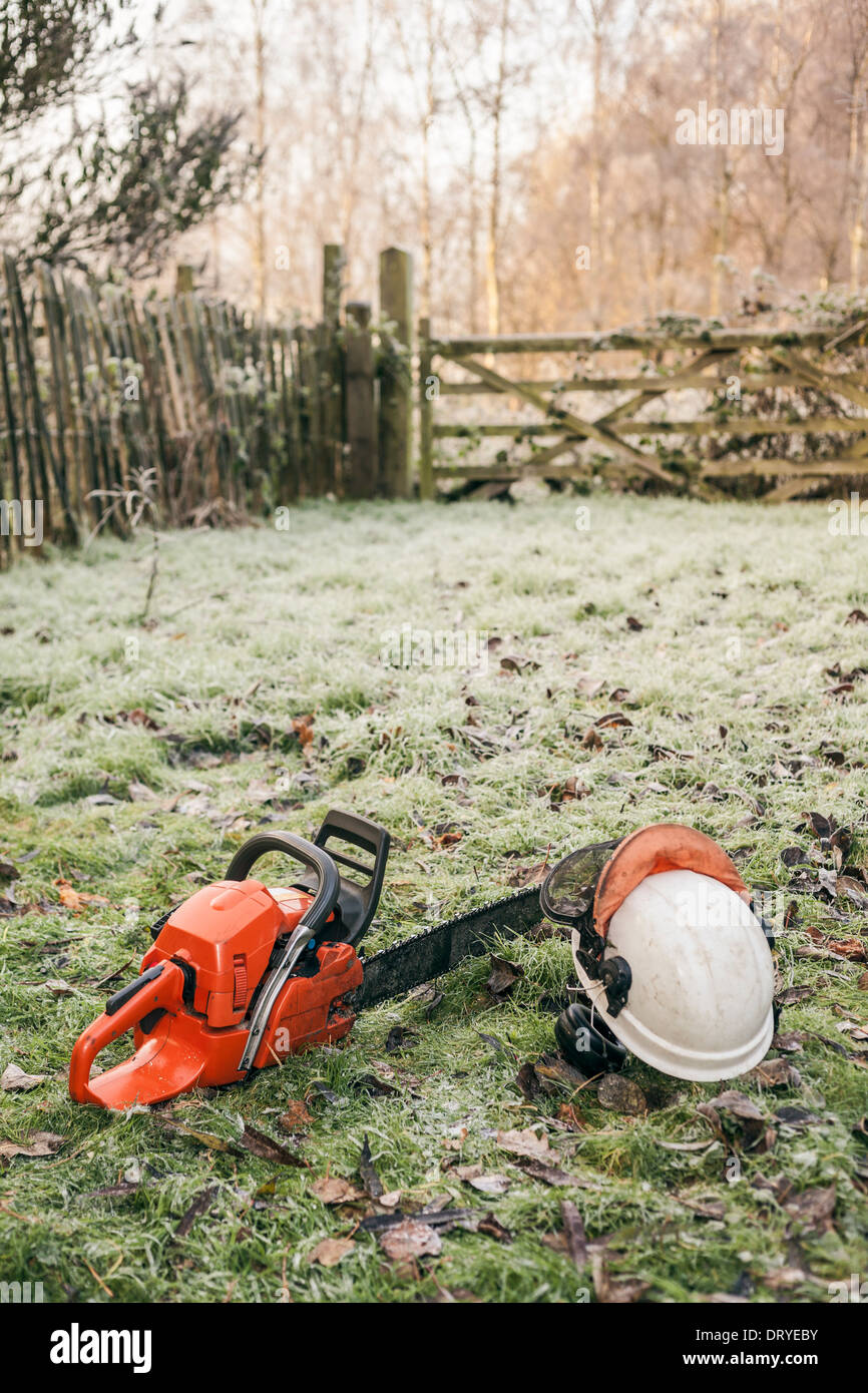 Chainsaw e casco giacente nel giardino. Foto Stock