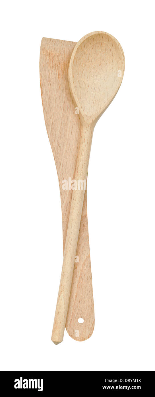 Coppia di legno nuovo utensili da cucina un cucchiaio di legno e la spatola isolata contro uno sfondo bianco Foto Stock