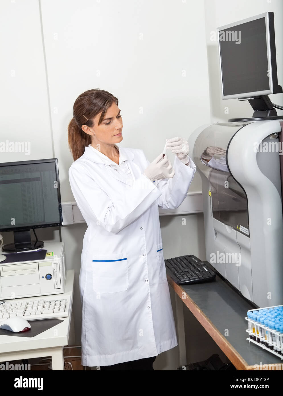 Scienziato analizzando campioni di sangue per analisi di coagulazione Foto Stock
