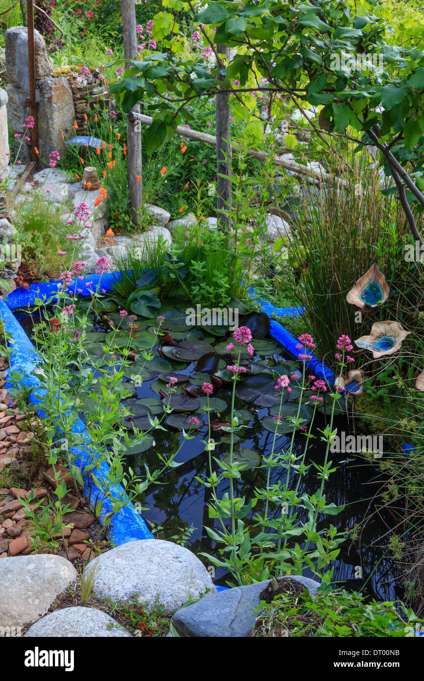 Blue Pond in un giardino, Francia, il 'Giardino di Sambucs' (menzione obbligatoria del giardino il nome. Utilizzare solo per premere e libri) Foto Stock