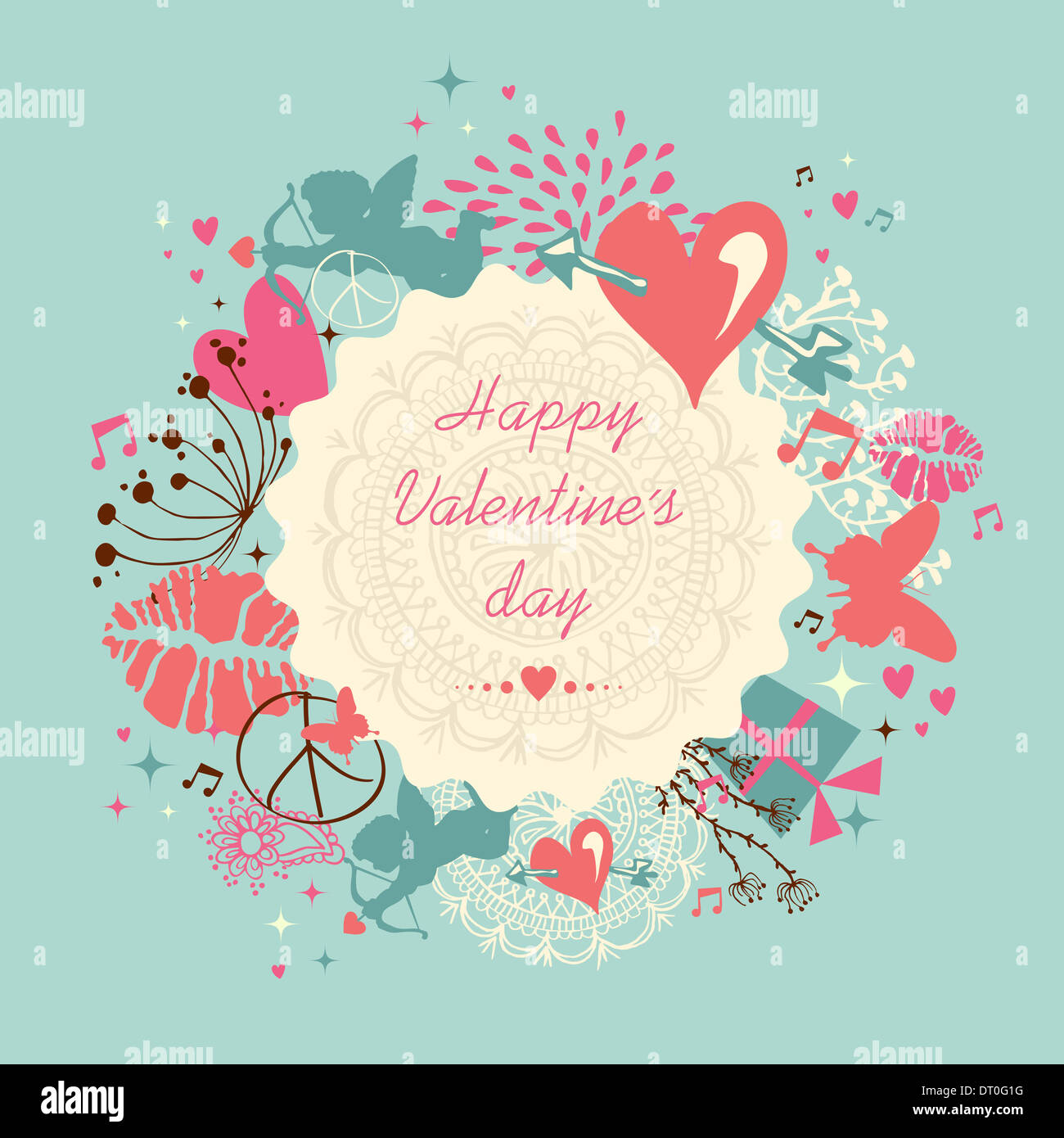 Happy Valentines Day greeting card illustrazione con amore le icone e simboli. EPS10 vettore. Foto Stock