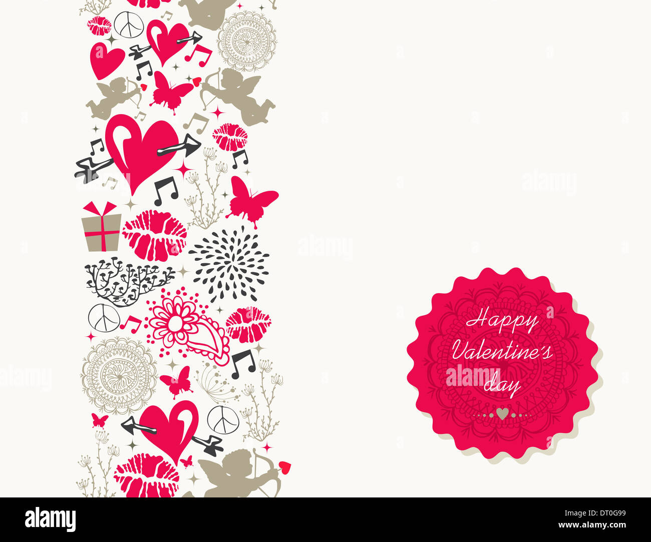 Happy Valentines Day greeting card illustrazione con amore le icone e simboli. EPS10 vettore. Foto Stock