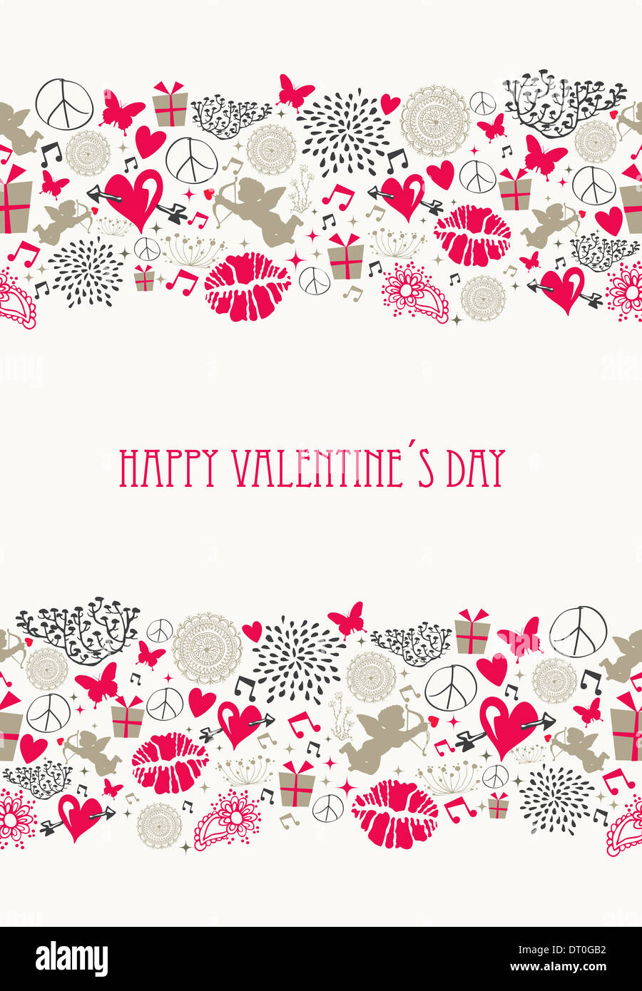 Happy Valentines Day greeting card illustrazione con amore le icone e simboli. EPS10 vettore. Foto Stock