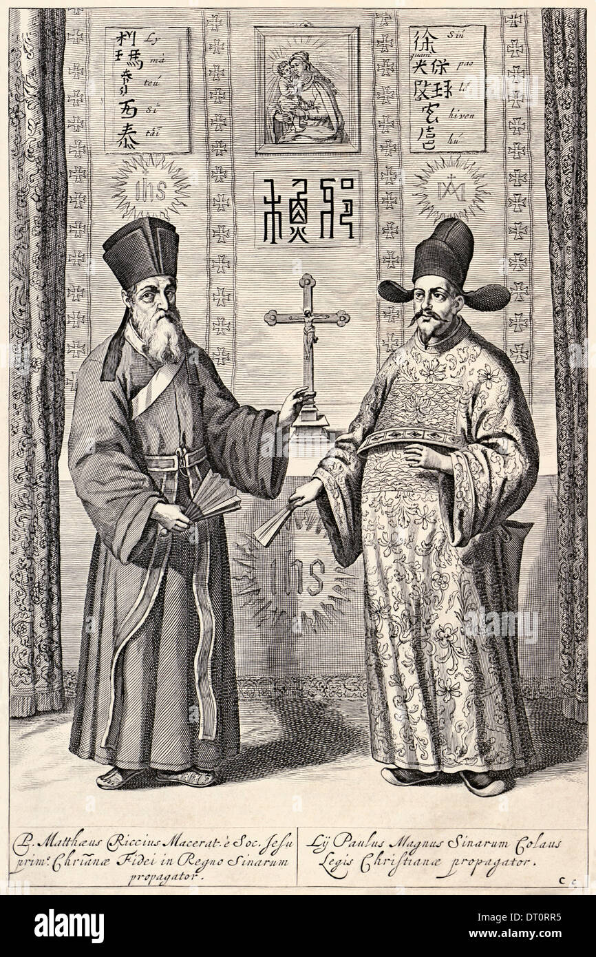 Missione gesuita in Cina, incisione di Athanasius Kircher (1602-1680) di Matteo Ricci e Paulus Li dalla Cina illustrata 1667. Foto Stock
