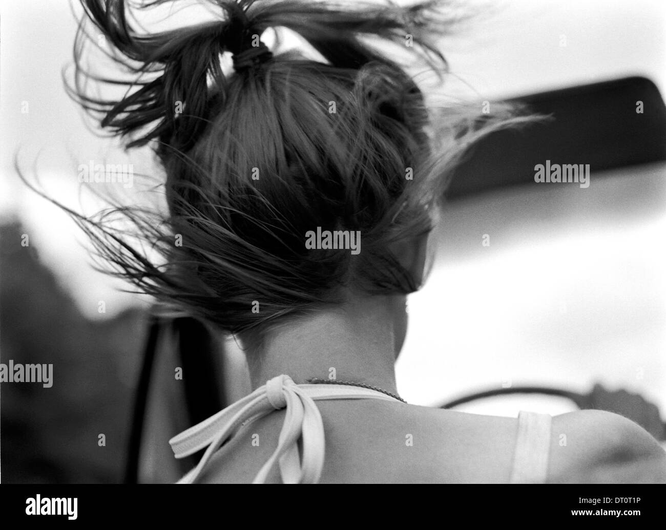 Vista posteriore di una donna collo con capelli spazzate dal vento Foto Stock