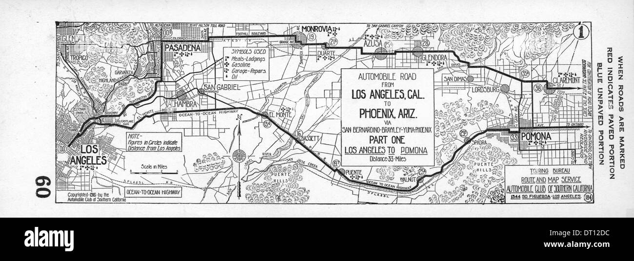Una fotografia della strada automobilistica tra Los Angeles, California, e Phoenix, Arizona, scattata nel 1920. L'immagine mostra le prime fasi del viaggio, con viste del percorso da Los Angeles a Pomona. Foto Stock