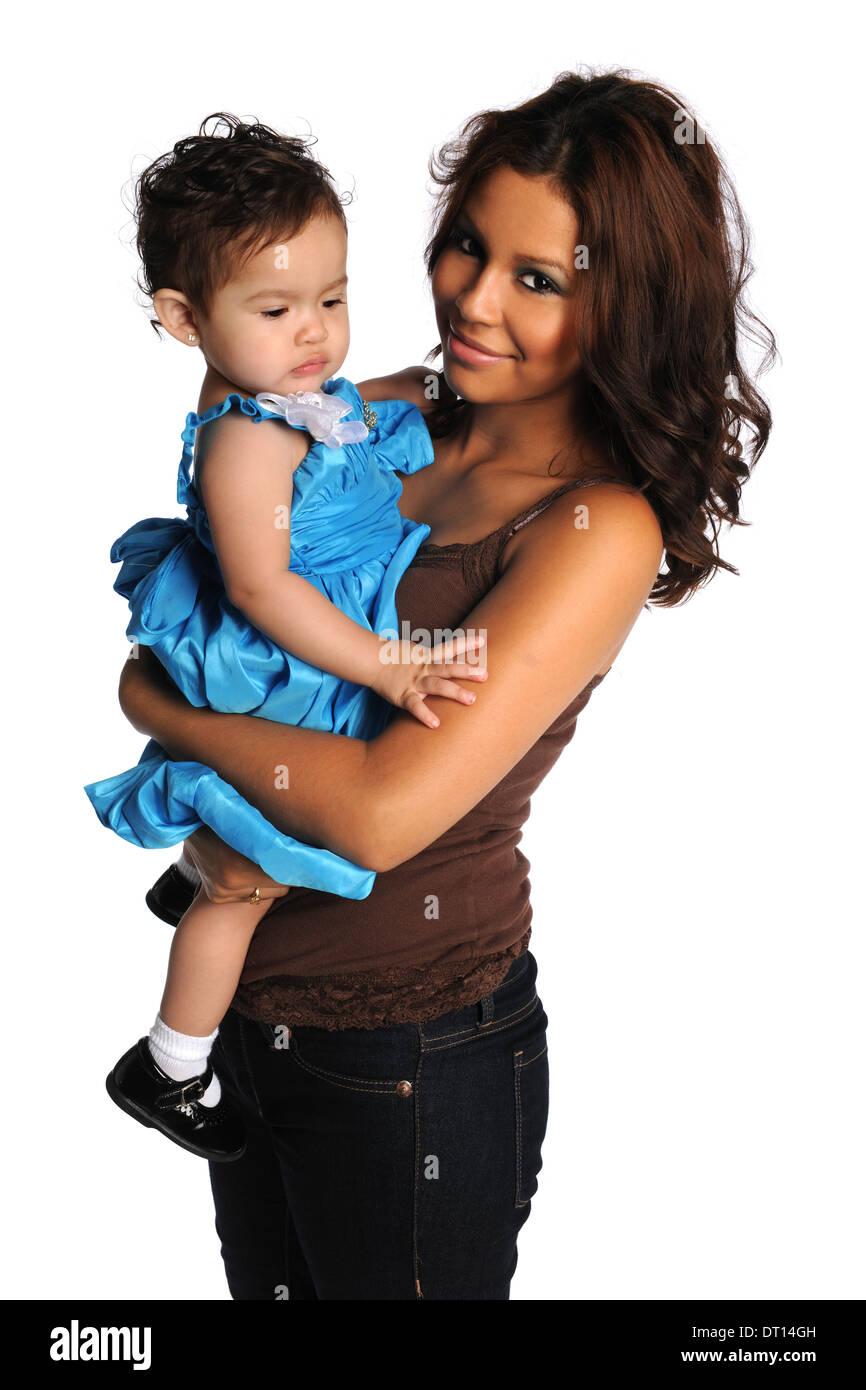 Ritratto di giovane ispanico madre e figlia isolate su sfondo bianco Foto Stock