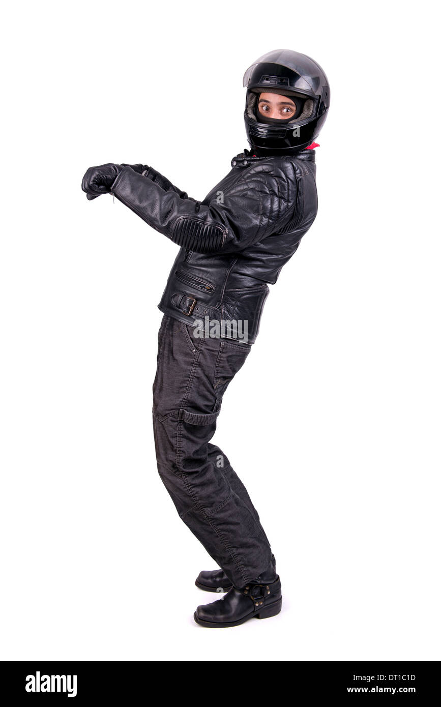 Biker in giacca di pelle con casco isolato in bianco Foto Stock
