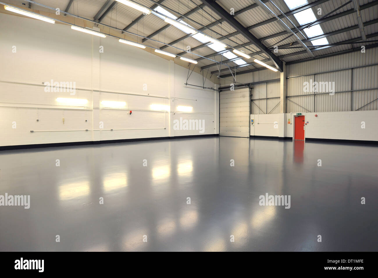 Interno del vuoto e il nuovo magazzino con porte, grigio dipinto recentemente piano Foto Stock