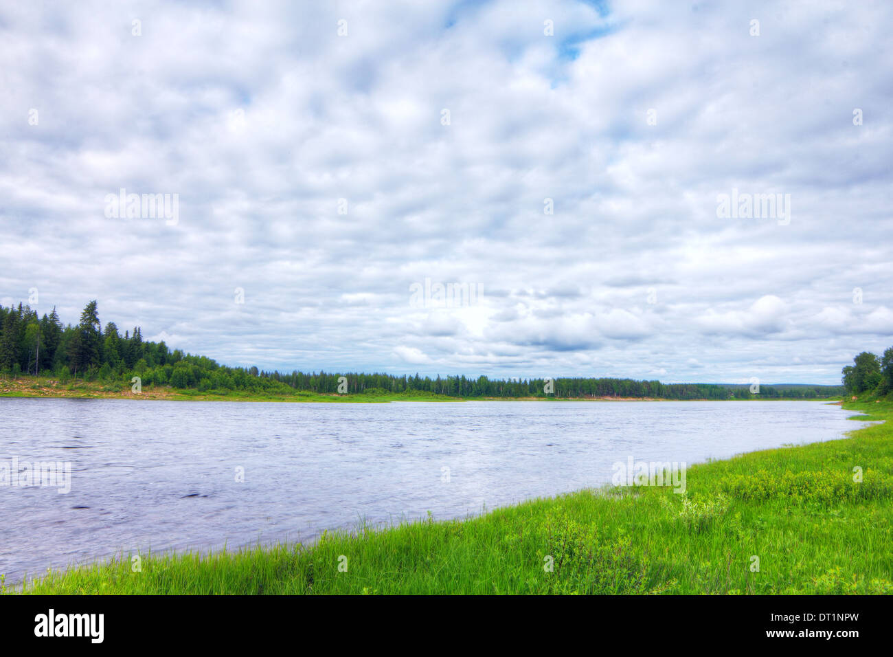 Paesaggio pittoresco con la foresta e ampio fiume Foto Stock