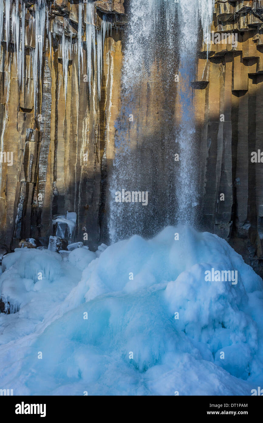 Svartifoss (nero cade) in inverno, Skaftafell, Vatnajokull National Park, Islanda Svartifoss è circondato da colonne di basalto. Foto Stock