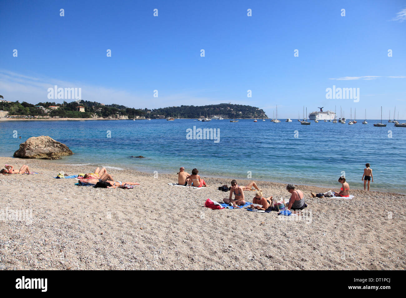 Spiaggia, Villefranche sur Mer, Cote d'Azur, Riviera Francese, Alpes Maritimes, Provenza, Francia, Mediterraneo, Europa Foto Stock