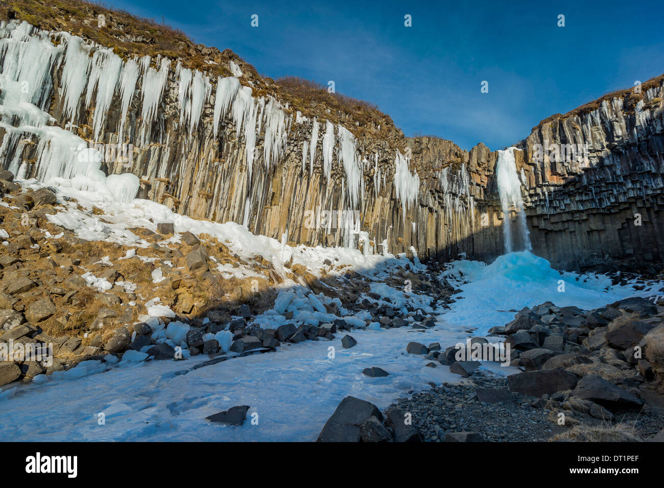 Svartifoss (nero cade) in inverno, Skaftafell, Vatnajokull National Park, Islanda Svartifoss è circondato da colonne di basalto. Foto Stock
