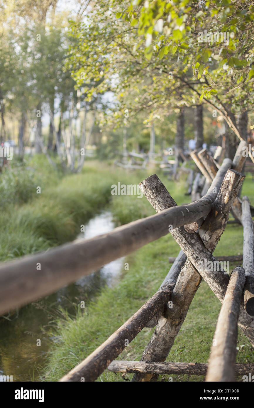 Un rurale scena vista su una staccionata di pali di legno di un piccolo ruscello di alberi con vivaci foglie verde Foto Stock