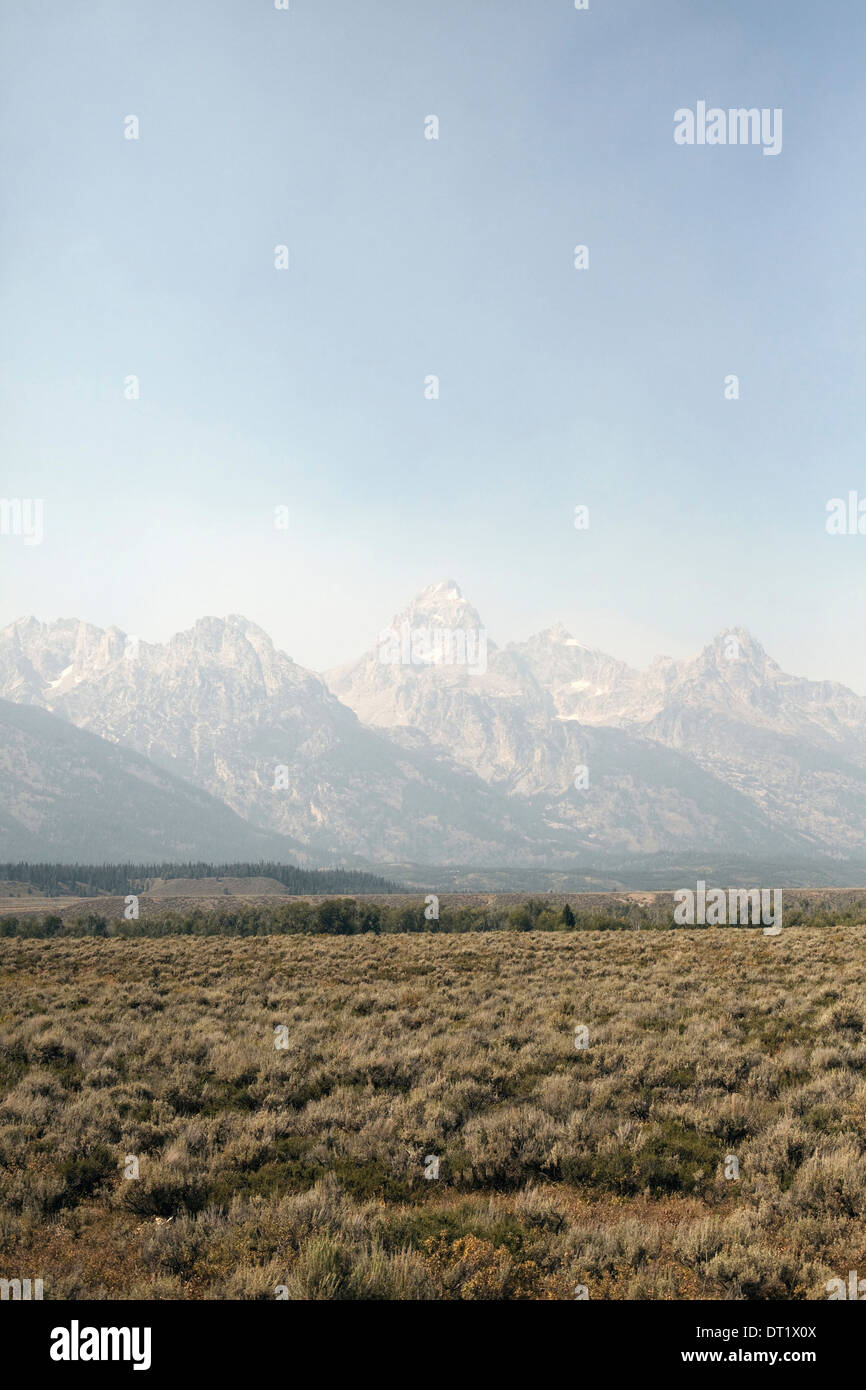 Vista attraverso un paesaggio piatto per una gamma di montagne innevate Foto Stock