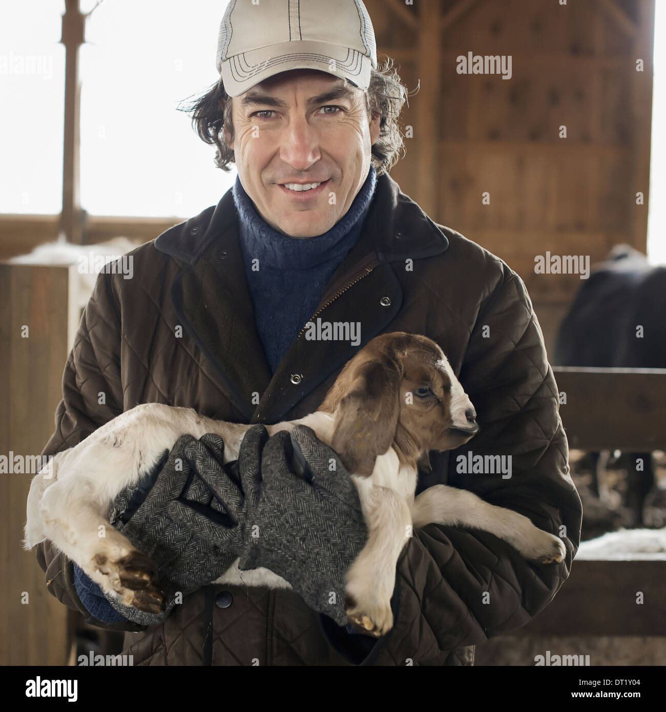 Un uomo con un piccolo capretto nelle sue braccia in un box per animali Foto Stock