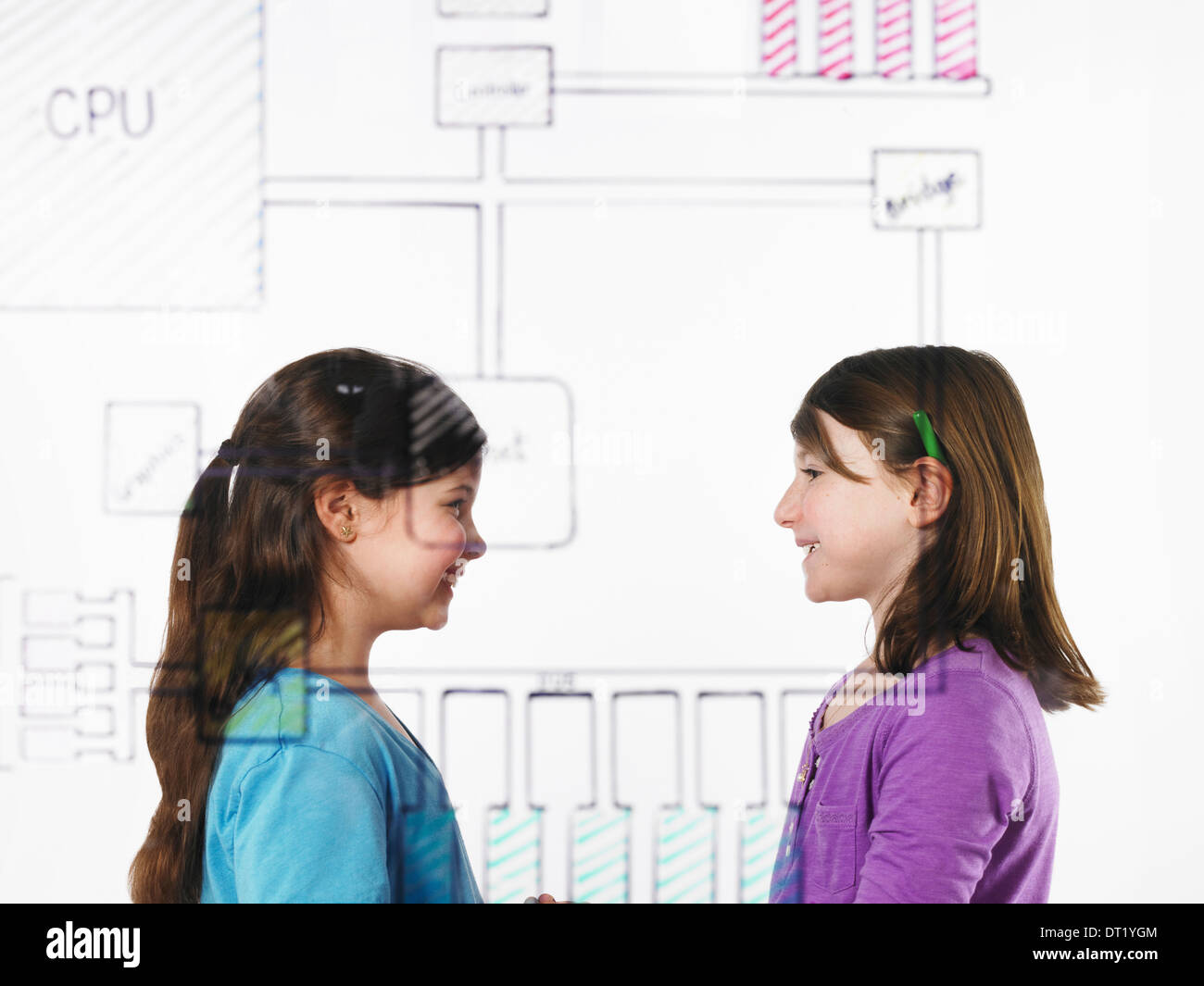 Due bambini affacciati dietro un disegno di un computer di circuito della scheda madre disegnato su un vedere attraverso la superficie trasparente Foto Stock