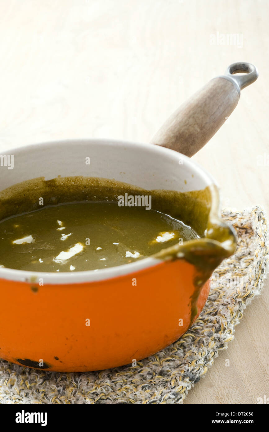 Zuppa di spinaci con formaggio caprino fresco Foto Stock