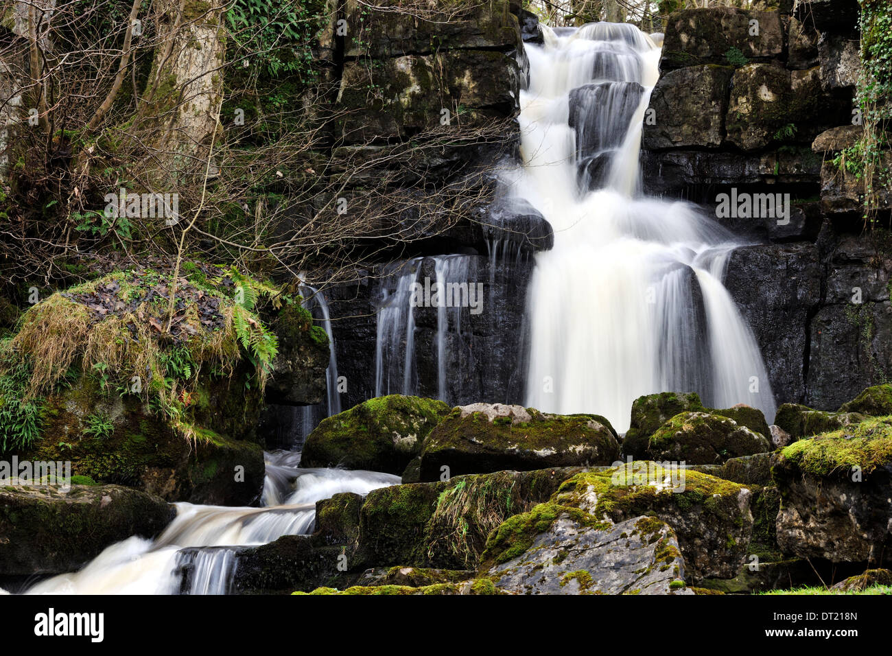 Cliff Beck, una cascata stratificata vicino Thwaite, Yorkshire Dales National Park, Inghilterra Foto Stock