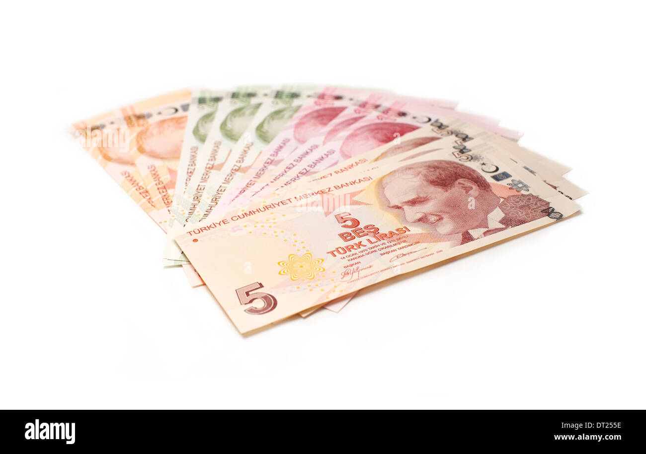 Una miscela di Lira turca valuta, su uno sfondo bianco. Foto Stock