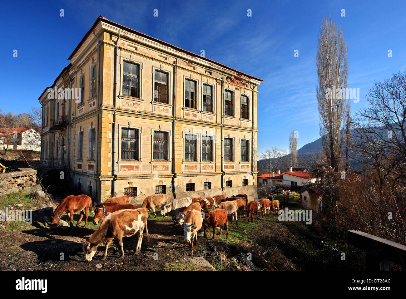 La bellissima vecchia scuola di Akritas village, Florina, Macedonia, Grecia. Foto Stock