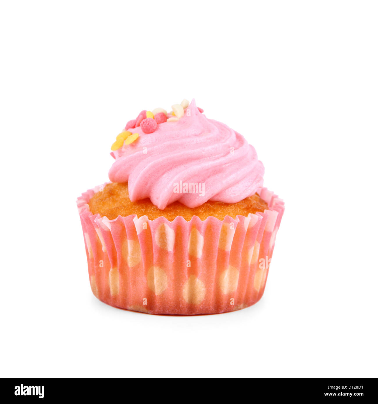 Rosa tazza di fragole dolci con deco sfere, isolato Foto Stock