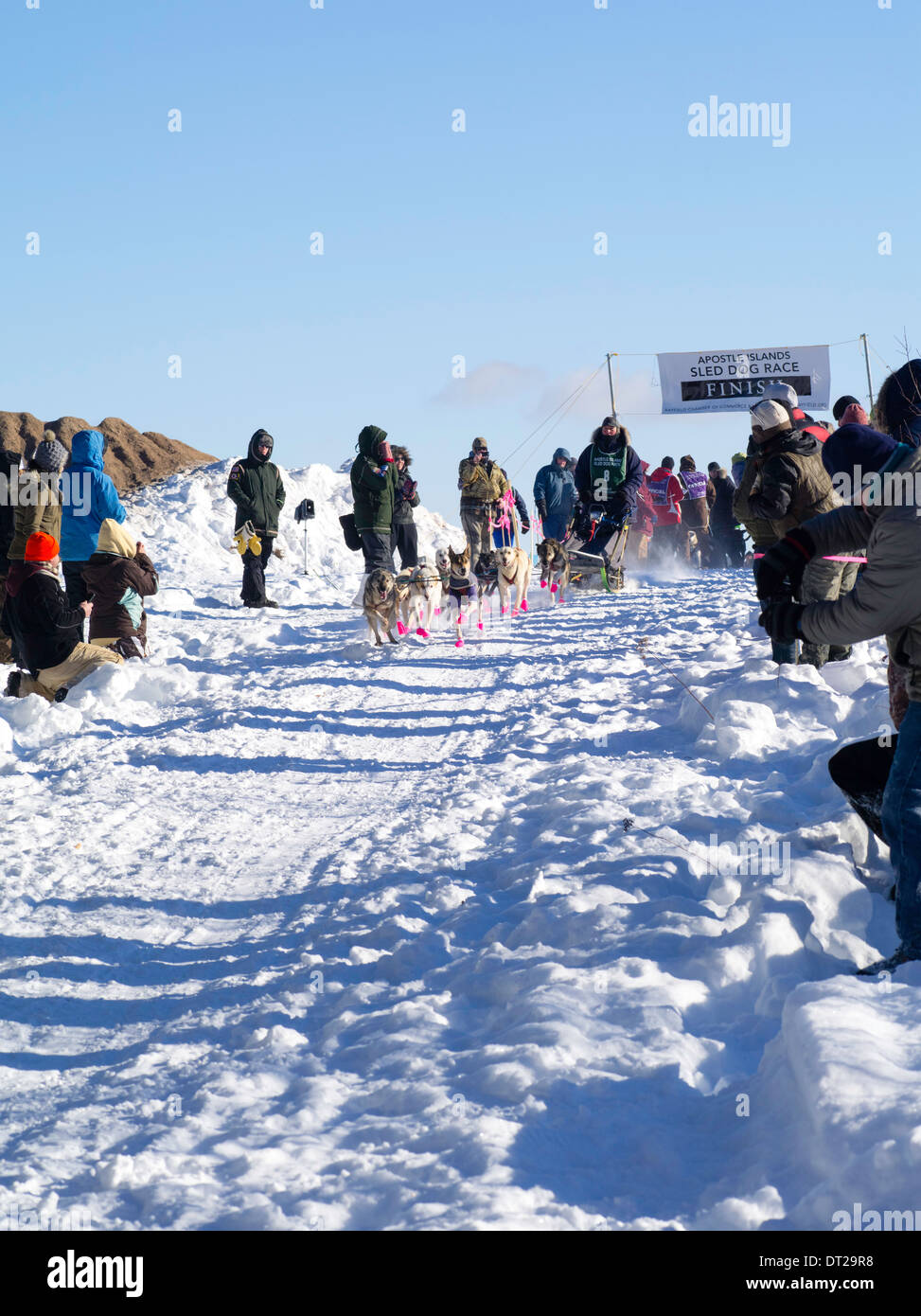 Rita Wehseler di Tofte, MN imposta off sul suo dieci-classe dog sled gara di domenica, 2 feb 2014. Scene da apostolo Isole Sled D Foto Stock