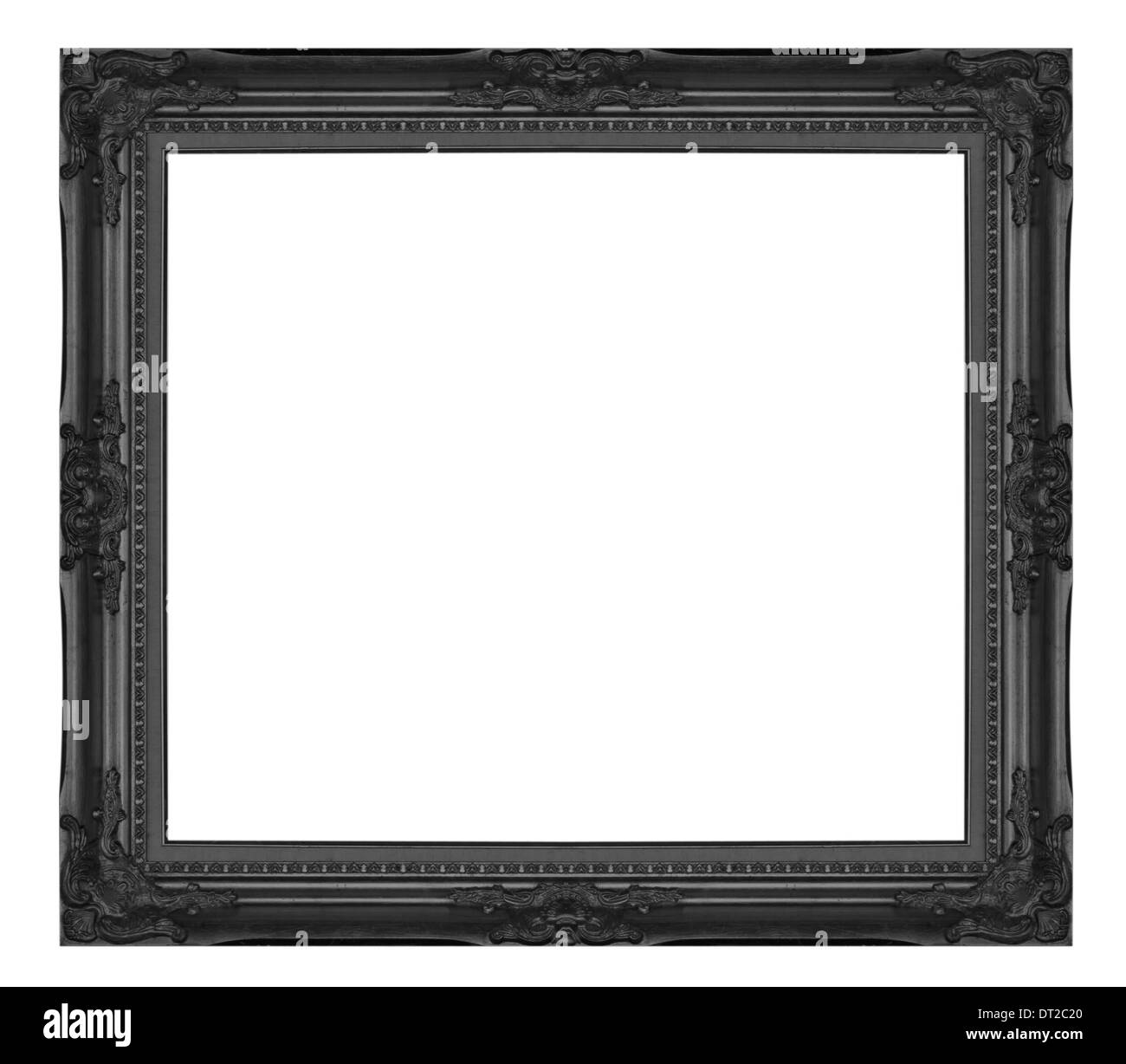 Antica cornice nera parete, sfondo, oggetti decorativi isolato sullo sfondo bianco. Foto Stock