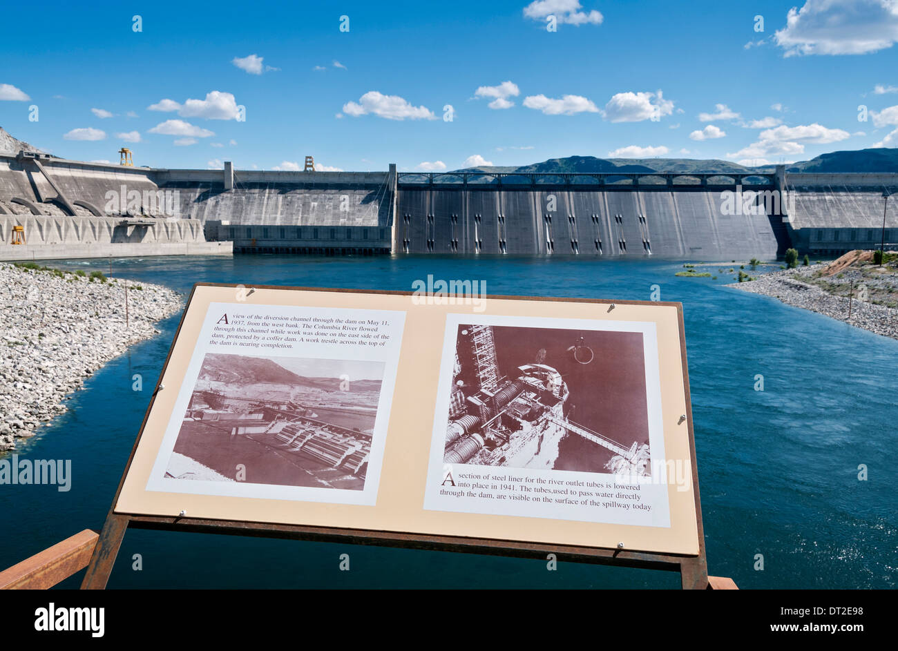 Washington, Coulee Dam, Grand Coulee diga sul fiume Columbia, segno interpretative Foto Stock