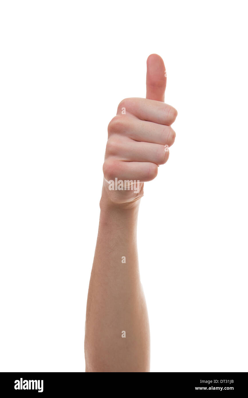 Uomo con la sua mano che mostra il pollice in alto o mi piace firmare Foto Stock