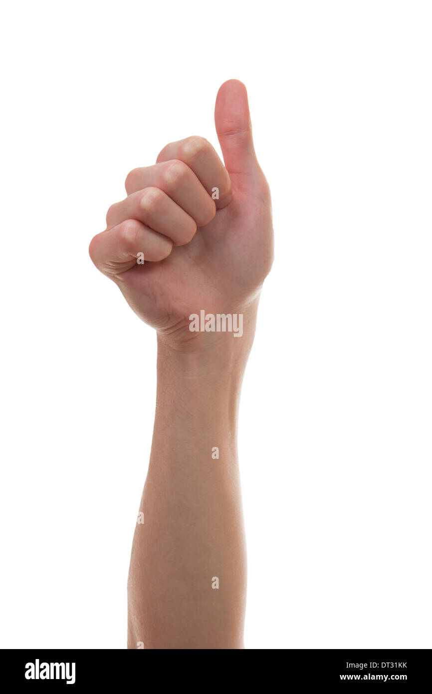 Uomo con la sua mano che mostra il pollice in alto o mi piace firmare Foto Stock