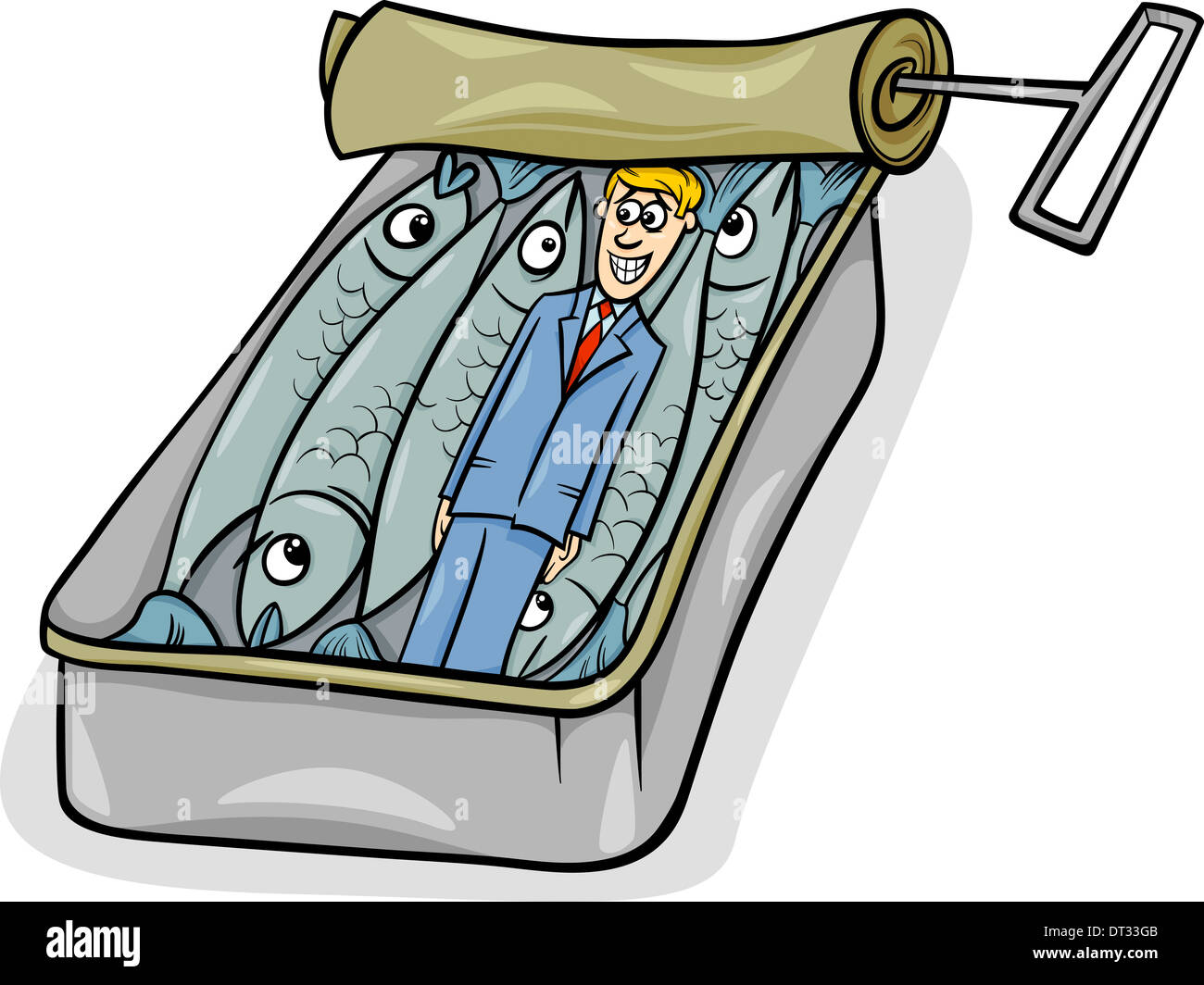 Cartoon umorismo concetto illustrazione del pranzo come sardine dicendo o proverbio Foto Stock