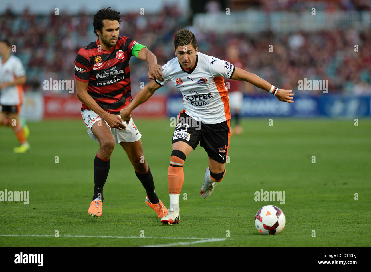 Sydney, Australia. 07 feb 2014. Wanderers defender Nikolai Topor-Stanley e Brisbane Roar avanti Dimitri Petratos in azione durante la Hyundai una partita del campionato tra Western Sydney Wanderers FC e Brisbane Roar FC dalla Pirtek Stadium, Parramatta. Il gioco si è conclusa con un pareggio. Credito: Azione Sport Plus/Alamy Live News Foto Stock