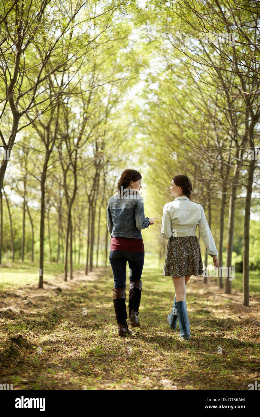 Due amici a piedi lungo un percorso attraverso un viale di alberi Foto Stock