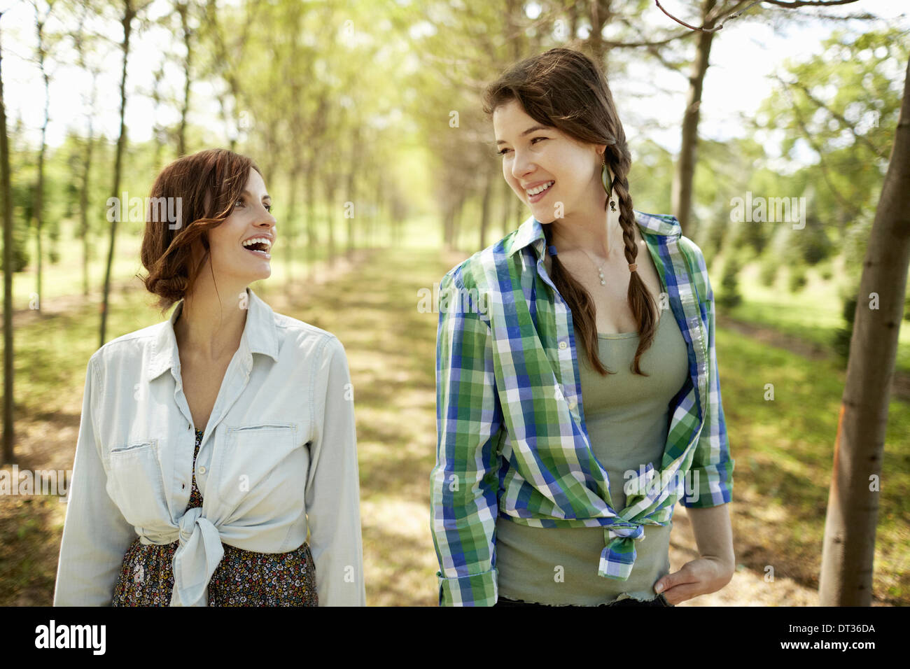 Due giovani donne camminando per un viale di alberi Foto Stock