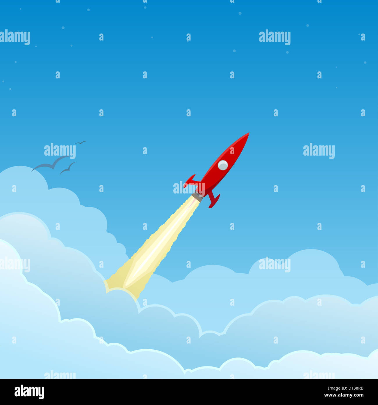 Red rocket volando attraverso le nuvole alle stelle. Foto Stock