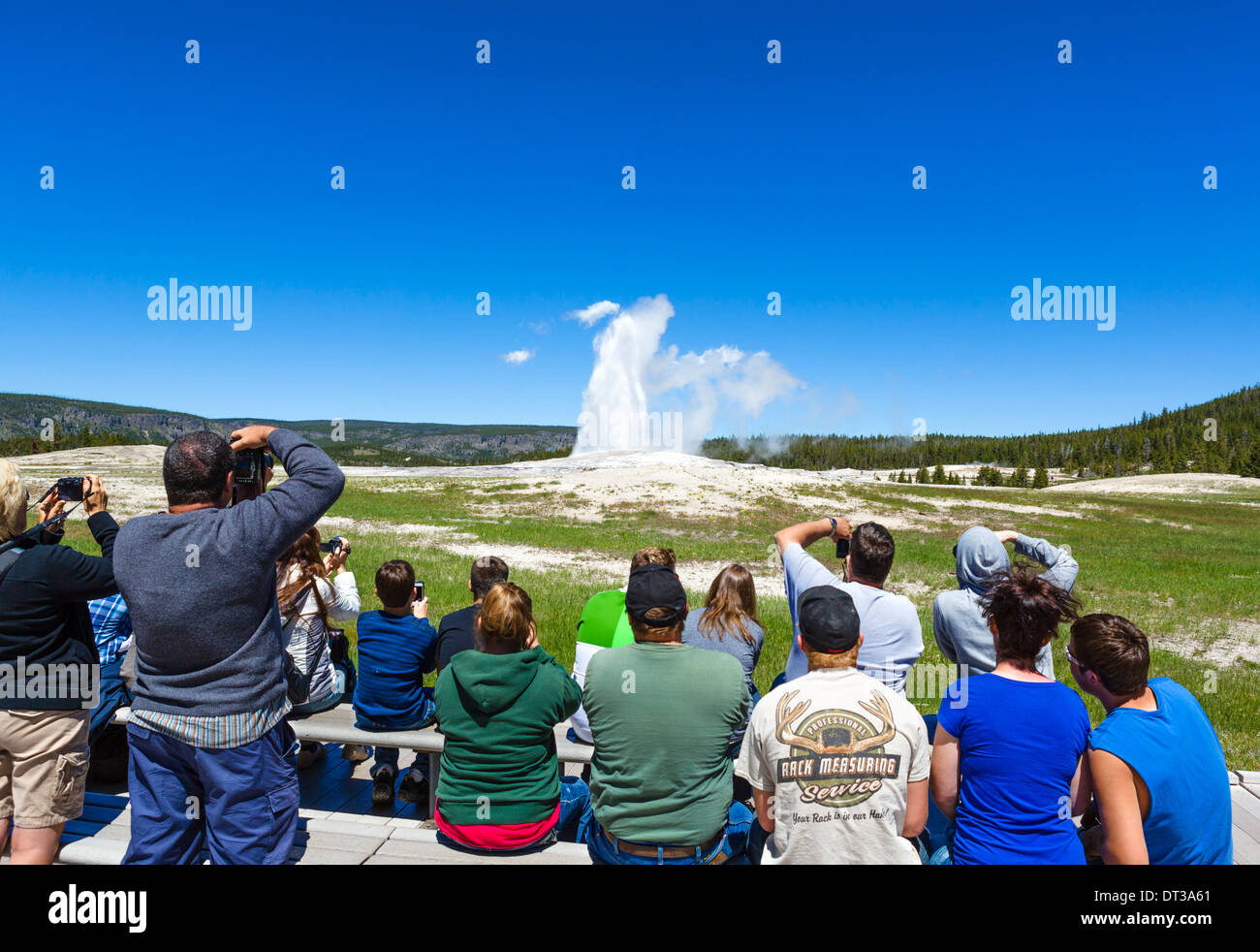 I turisti a guardare l'Eruzione del geyser Old Faithful, Upper Geyser Basin, il Parco Nazionale di Yellowstone, Wyoming USA Foto Stock